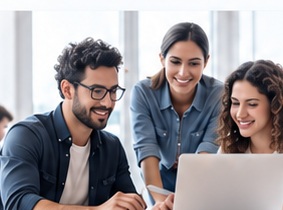 Equipo de profesionales colaborando con un ordenador